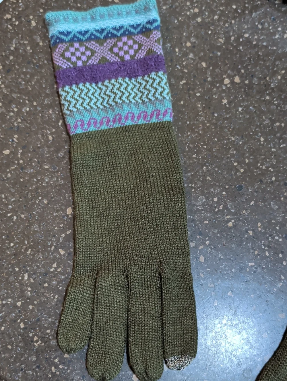 Echo Olive Green Knit Gloves with Turquoise, Purple & Pink Patterned Cuffs